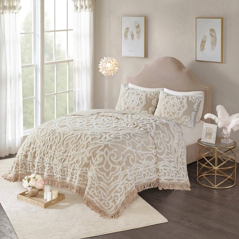 Tufted Cotton Chenille Medallion Fringe Coverlet Mini Set Taupe Full Queen - taupe
