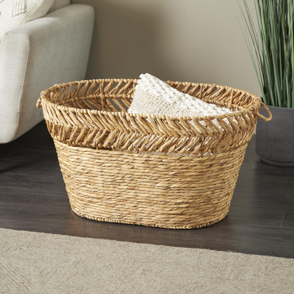 Brown Seagrass Handmade Large Woven Oval Decorative and Functional Storage Basket with Zig Zag Patterned Rim