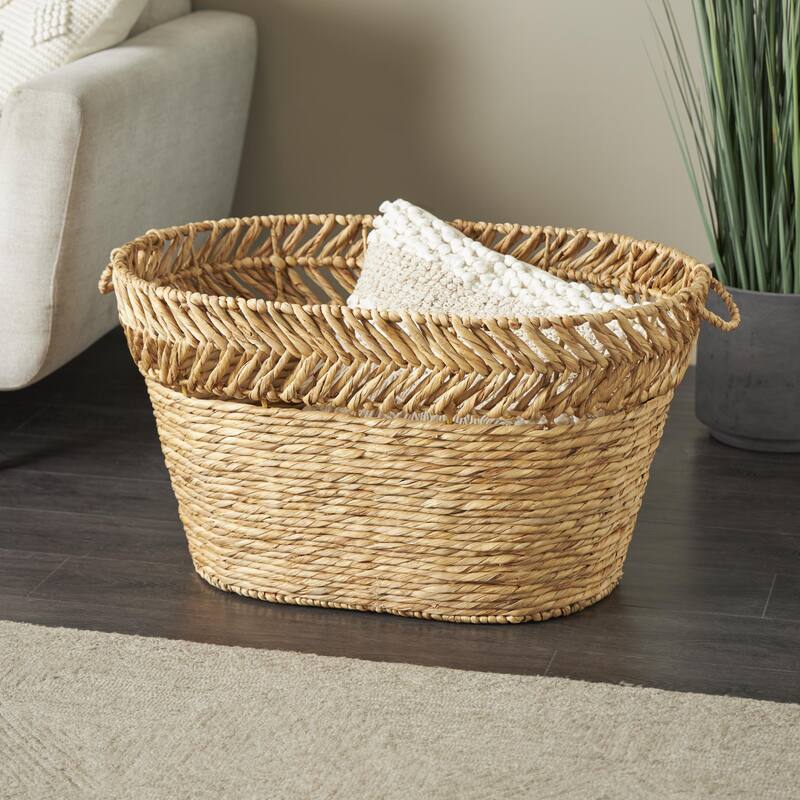 Brown Seagrass Handmade Large Woven Oval Decorative and Functional Storage Basket with Zig Zag Patterned Rim