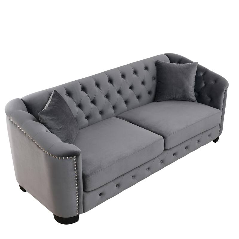 Velvet Chesterfield Upholstered Sofa, Lounge Sofa with Tufted Backrests, 3 Seater Sofa with Nailhead Arms & 2 Cushions