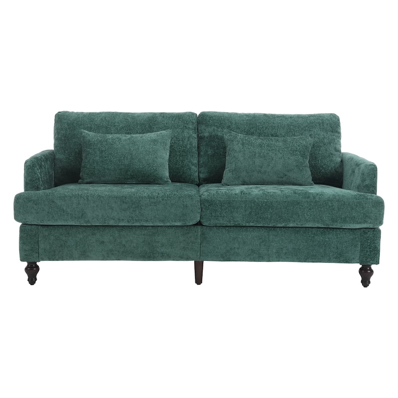 Green 68.9" Chenille 2 Seater Sofa with Detachable Cushions, Solid Wood Frame, and 2 Pillows