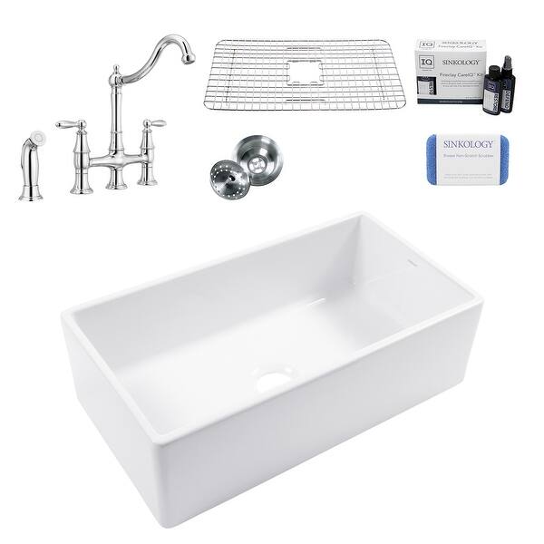 slide 2 of 5, Sinkology Austen Crisp White Fireclay 33" Single Bowl Farmhouse Apron Kitchen Sink with Chrome Bridge Faucet Kit