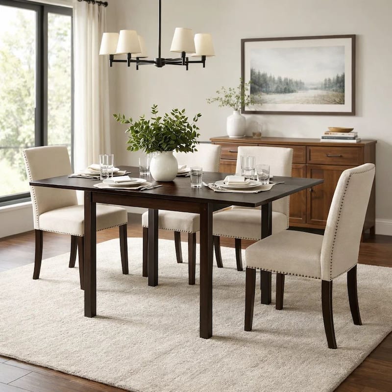 52 Inch Drop Leaf Dining Table, Block Legs, Dark Cappuccino Brown Wood