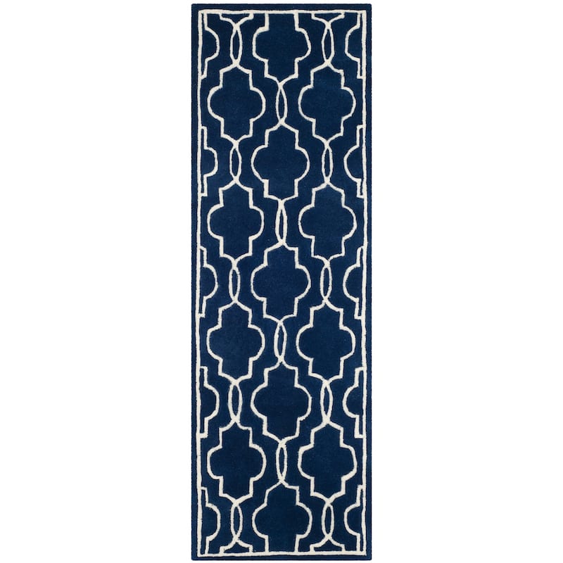 SAFAVIEH Handmade Chatham Nazzarena Modern Moroccan Wool Rug - 2'3" x 9' Runner - Dark Blue/Ivory