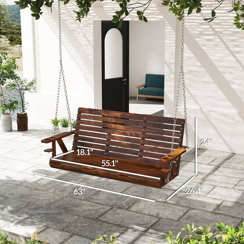 Fir and Pine Wood 3 Seater Outdoor Swing Chair with Cupholders Adjustable Chains for Patio Garden Deck - 63" W x 26.4" D x 24" H
