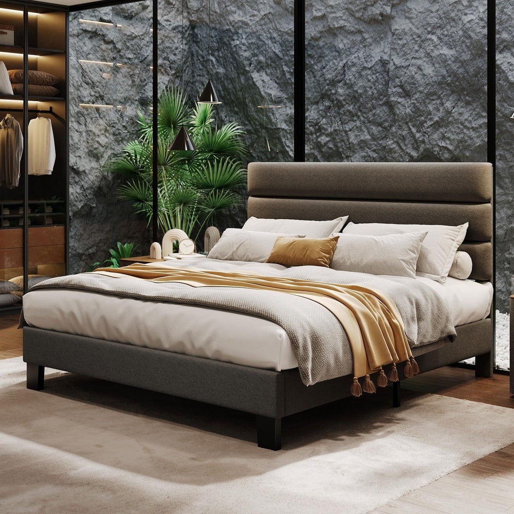 Bed Frame with Adjustable Headboard, Wooden Slats Support