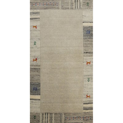Hand Knotted Oriental 100% Wool Carpet Tribal Animal Pictorial Beige & Ivories Gabbeh Runner Rug - 4' 7'' X 2' 4''