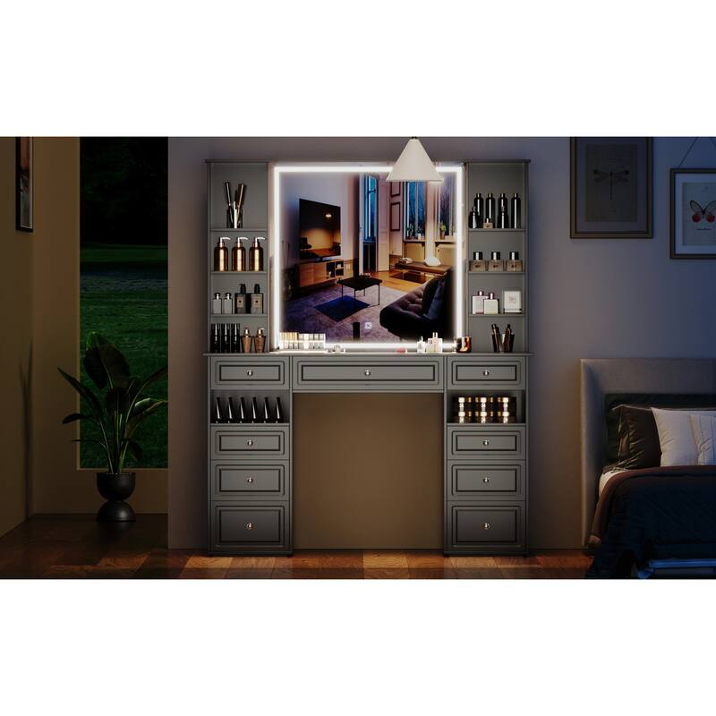 Modern Vanity Set with Lighted Mirror,Extra Large Mirror Makeup Vanity Table with 9 Drawers,European Style Vanity