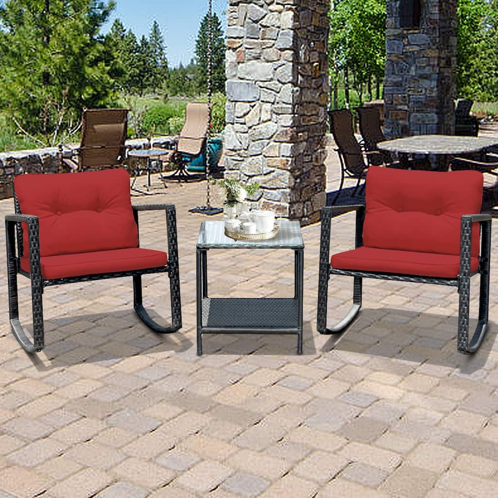 Gymax 3PCS Rattan Rocking Chair Table Set Patio Furniture Set w/
