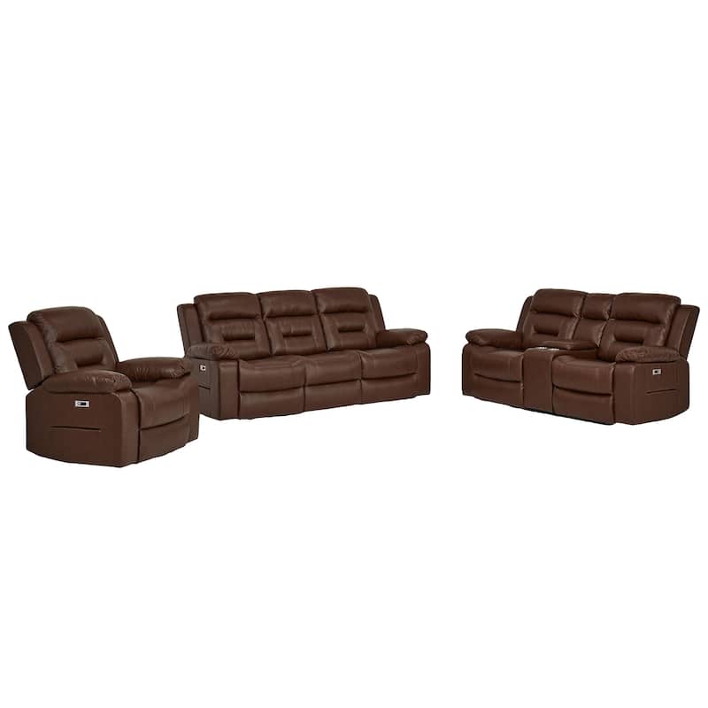 3-Piece Faux Leather Modular Design Power Recliner Sofa Set with USB&USB-C Charging - Dark Brown