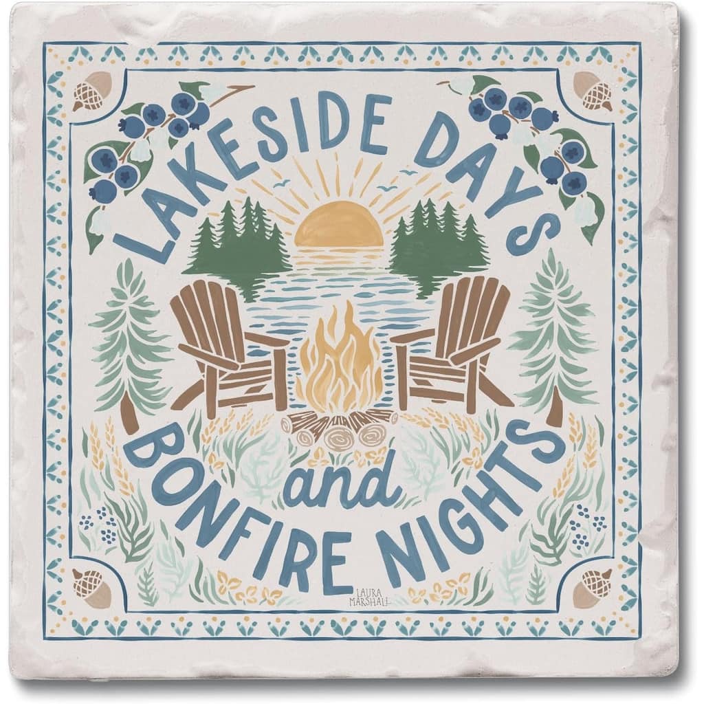 Lakeside Days 4 Pack Tumbled Tile Stone Coaster with Protective Cork Backing Manufactured in The USA 4" Square