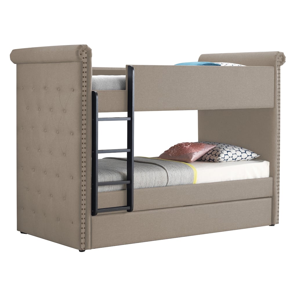 Chesterfield Design Twin Size Bunk Bed with Nailhead Trim, Beige and Black
