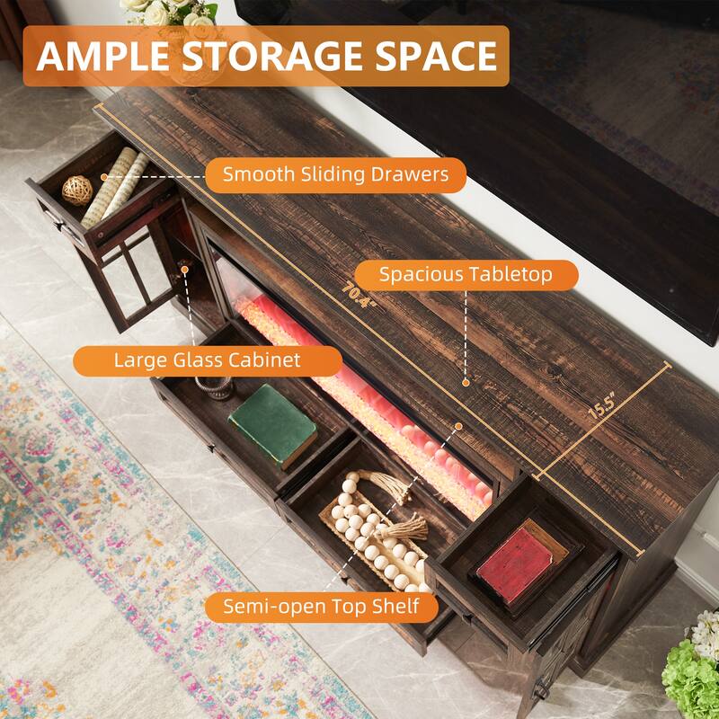 Fireplace TV Stand for 80" TV, Farmhouse Entertainment Center with LED