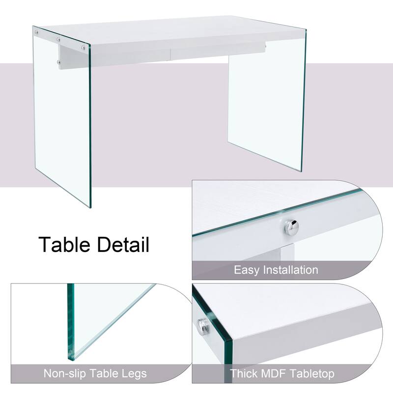 The top of the coffee table is made of MDF and white stickers, and the sides are clear tempered glass