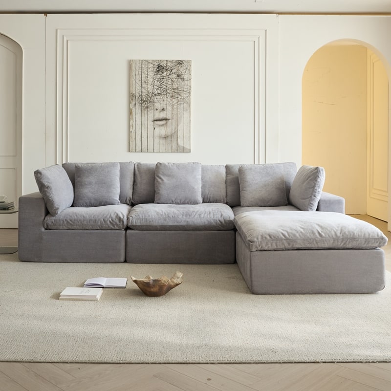 Flannel Sleeper Sofa Bed Modular Deep Seat Couch L-shaped Sectional Sofa with Ottoman Chaise Lounge and Pillows for Living Room