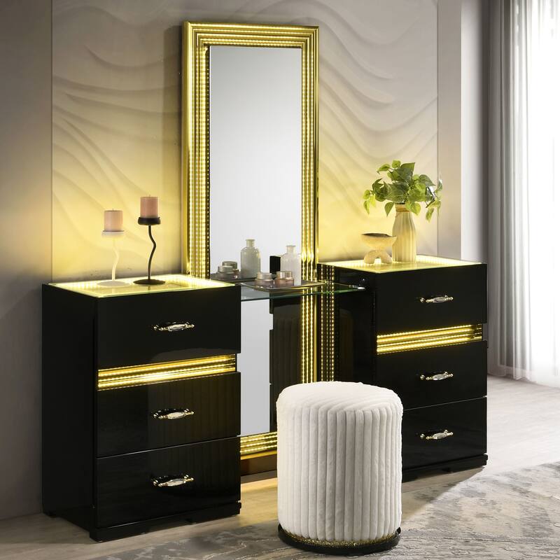 Furniture of America Saven Modern 2-Piece 6-Drawer Vanity Set with LED Light and Full-Length Mirror - Black