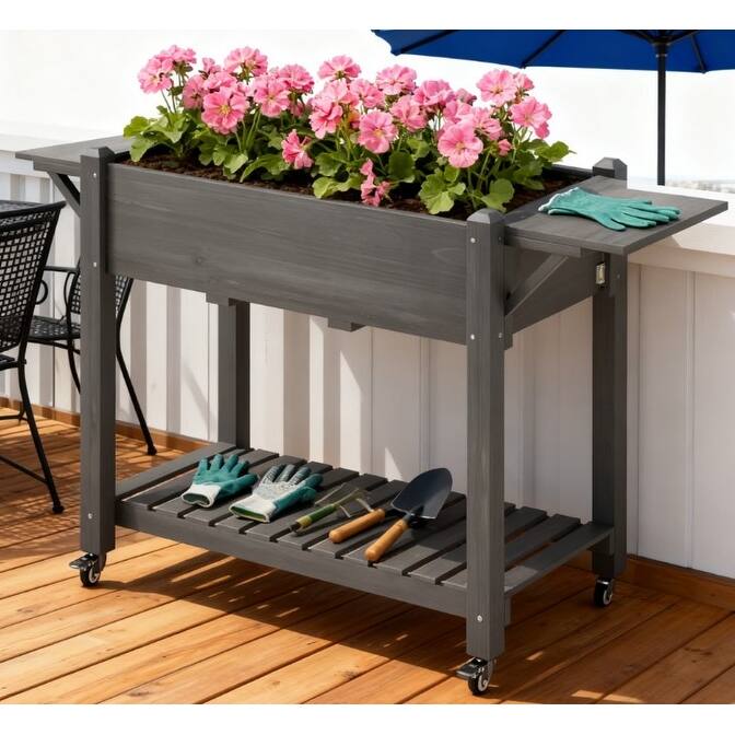 Planter Box Caster Wheel & Storage Shelf, Drain Hole, Solid Fir Wood