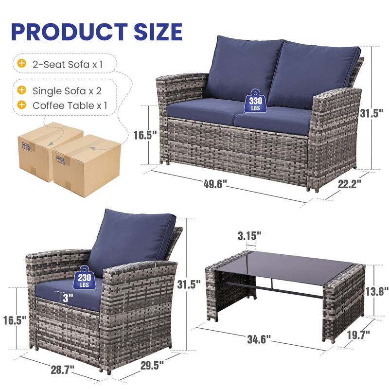 Thicker 4-Piece Wicker Outdoor Sofa Set, 1 Loveseats, 2 Single Sofas, 1 Table
