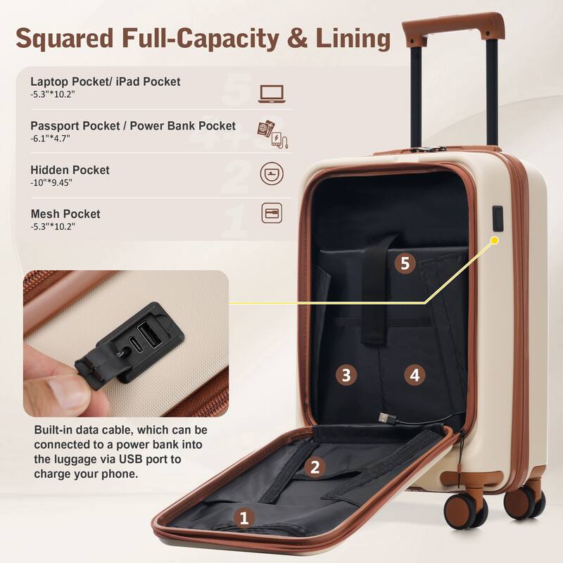 Luggage Sets 5 Piece with Front Opening, Hardside Expandable Carry On Suitcase Set with Double Spinner Wheel with USB Port