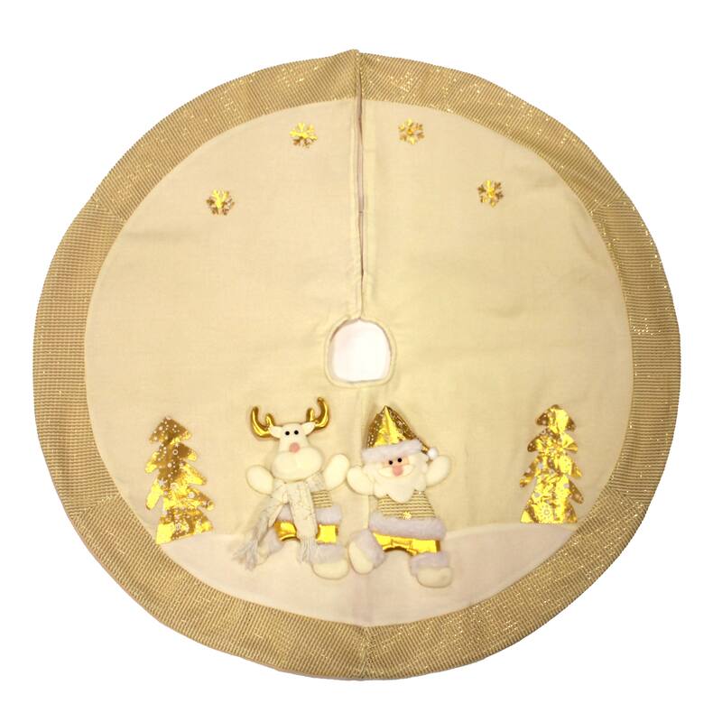 40" Reindeer & Santa Embroidered White Gold Christmas Tree Skirt