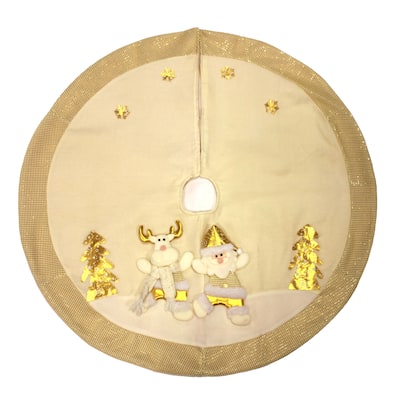 40" Reindeer & Santa Embroidered White Gold Christmas Tree Skirt