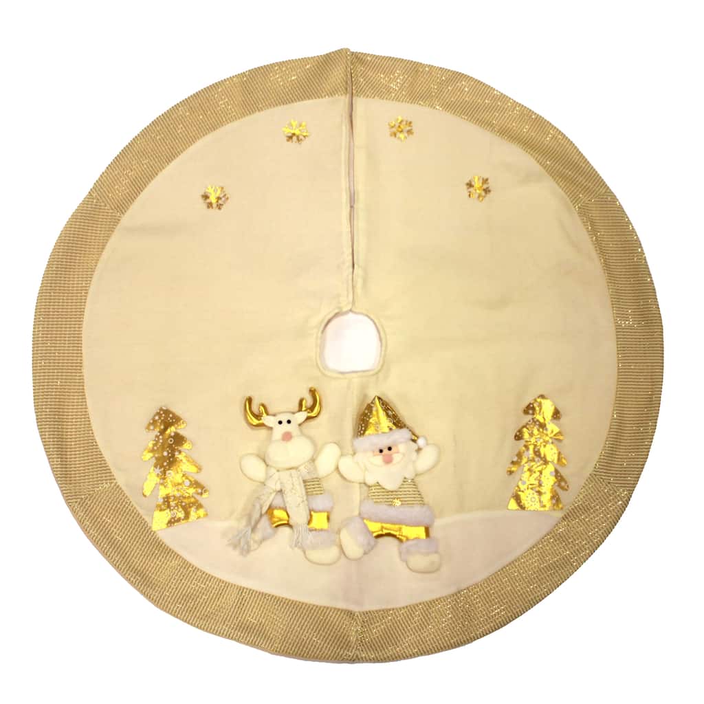 40" Reindeer & Santa Embroidered White Gold Christmas Tree Skirt