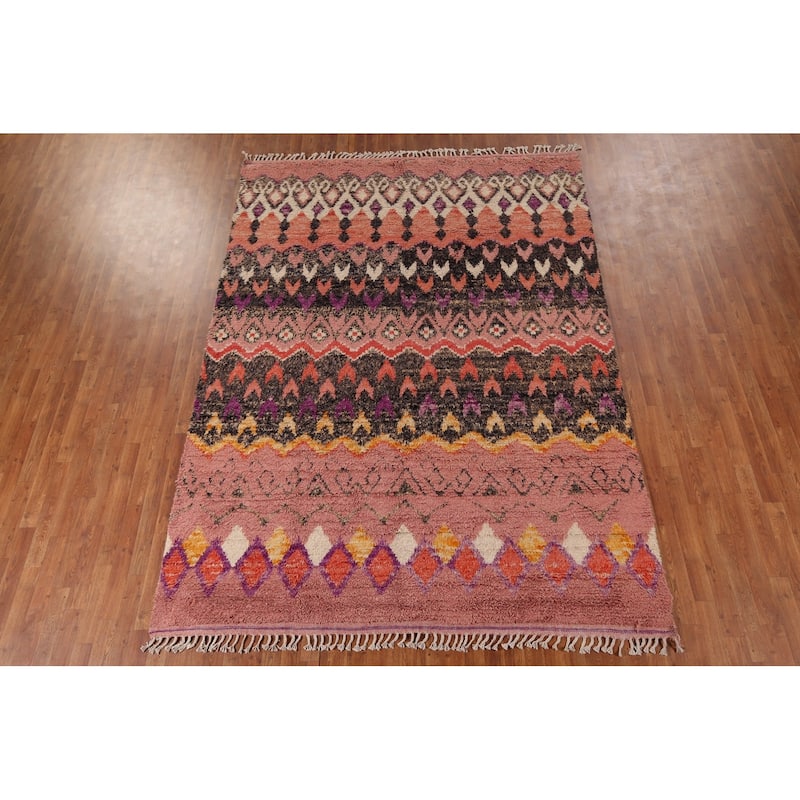 Moroccan Oriental Area Rug Handmade Geometric Pink Wool Carpet - 7'6" x 10'6"