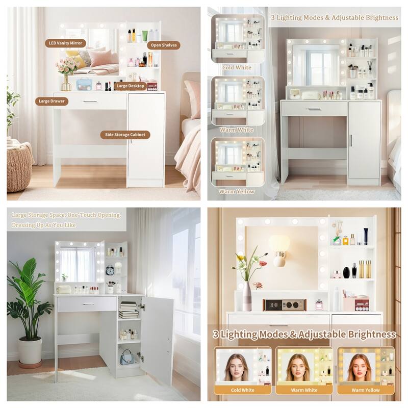 Makeup Vanity w/ Open Shelves, 3 Lighting Modes Adjustable Brightness