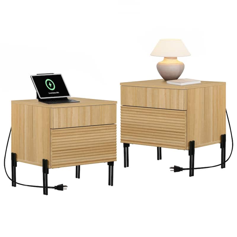 WAMPAT Fluted Nightstand with Charging Station,Modern Side Table with 2 Drawers - 2 Pic
