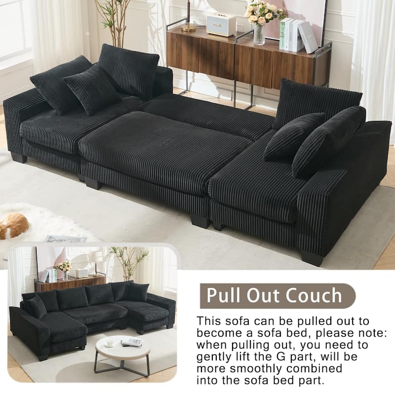 114" U-Shaped Corduroy Pull Out Sleeper Bed Sofa Chaise with Pillows