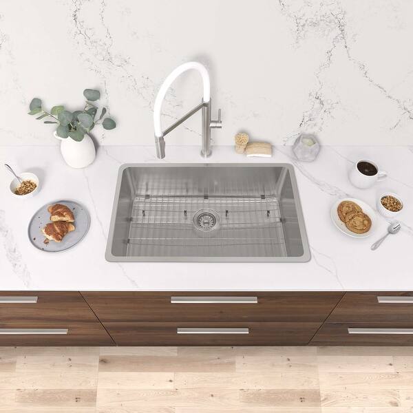 slide 2 of 29, STYLISH 27"L x 18"W Stainless Steel 18 Gauge Single Basin Undermount Kitchen Sink with Basket Strainer