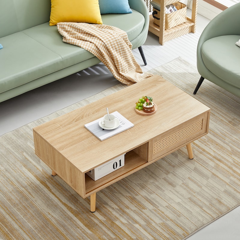 41.34" Farmhouse Coffee Table Featuring Sliding Door Rattan Coffee Table Center Sofa Table With Solid Wood Legs