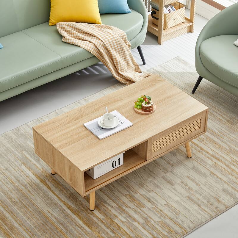 41.34" Rattan Coffee Table, sliding door for Storage