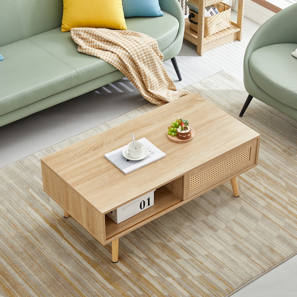 41.34" Rattan Coffee table, sliding door for storage, solid wood legs, Modern table
