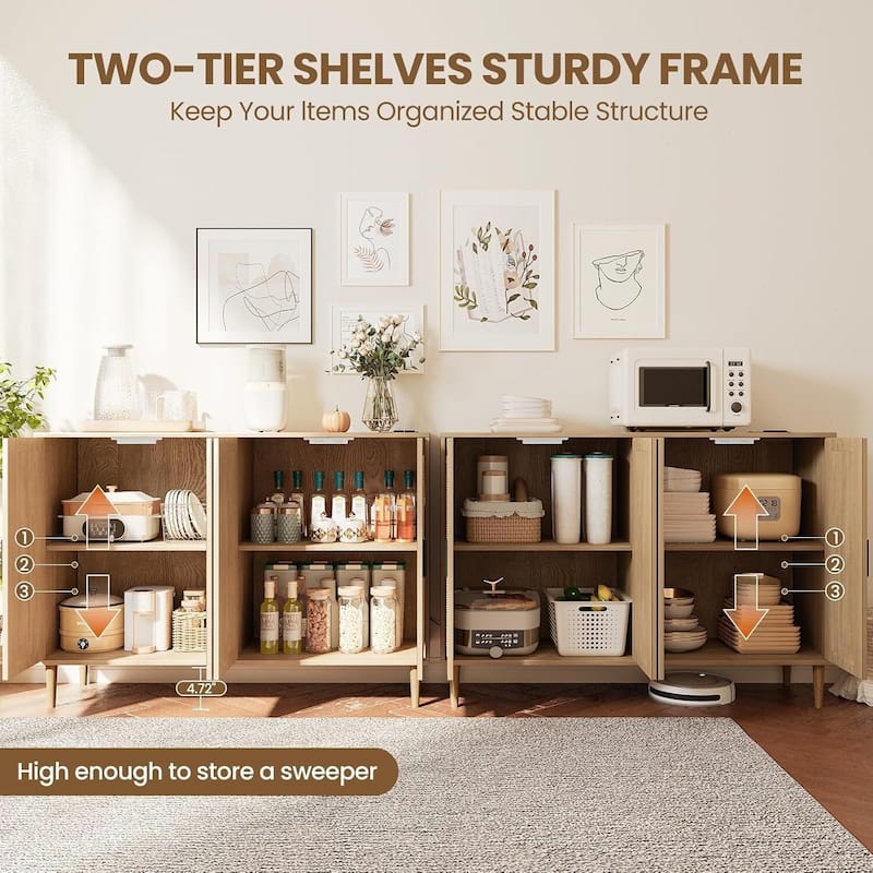 Rattan Sideboard Buffet Cabinet With Power Outlet, BOHO Wooden Side board With 4 Doors