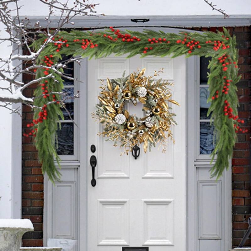 Christmas Wreath Wall Decor with 30 LED Light Pinecones Berries andFrosted White Accents, for Fireplace and Staircase