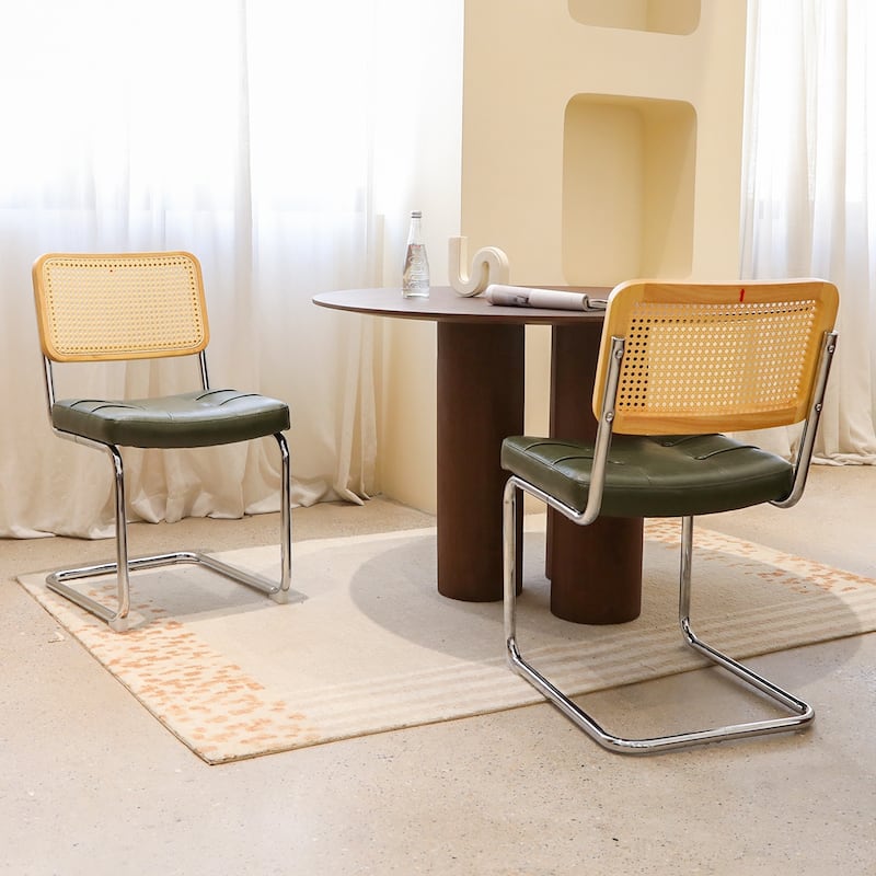 PU Upholstered Dining Chairs Set of 2, with Chrome Legs and Rattan Back - Dark Green - Set of 2