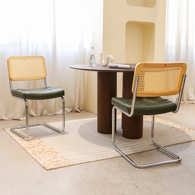 PU Upholstered Dining Chairs Set of 2, with Chrome Legs and Rattan Back