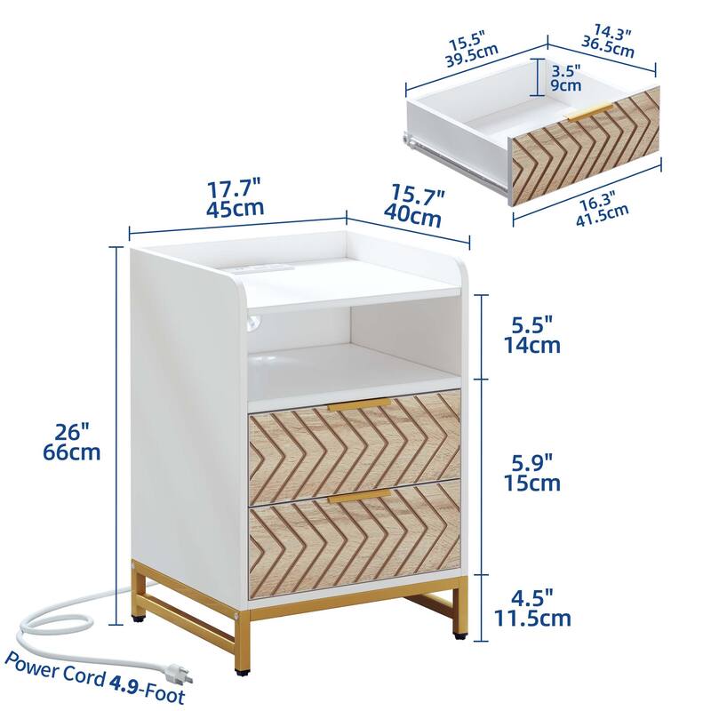 Moasis Modern LED Nightstand Set of 2 with Drawer and Storage Shelf, Bedside Table with Charging Station