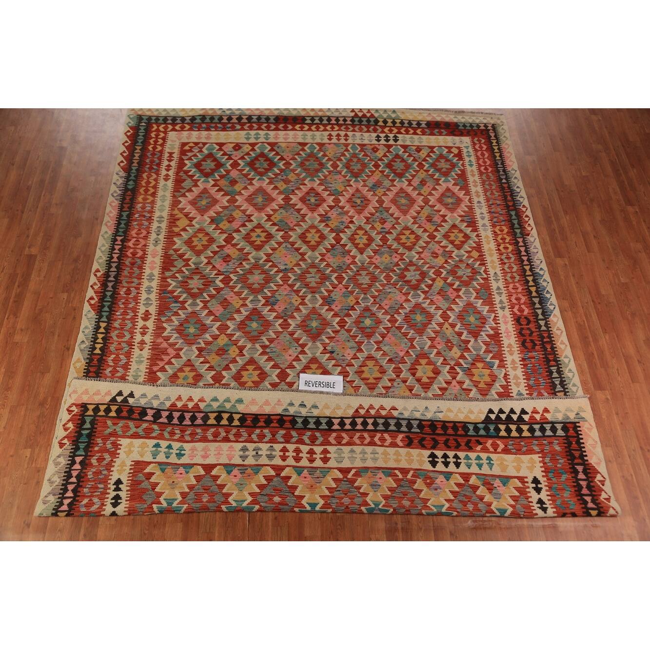 Reversable Trellis Kilim Oriental Area Rug Handmade Wool Carpet 10'0