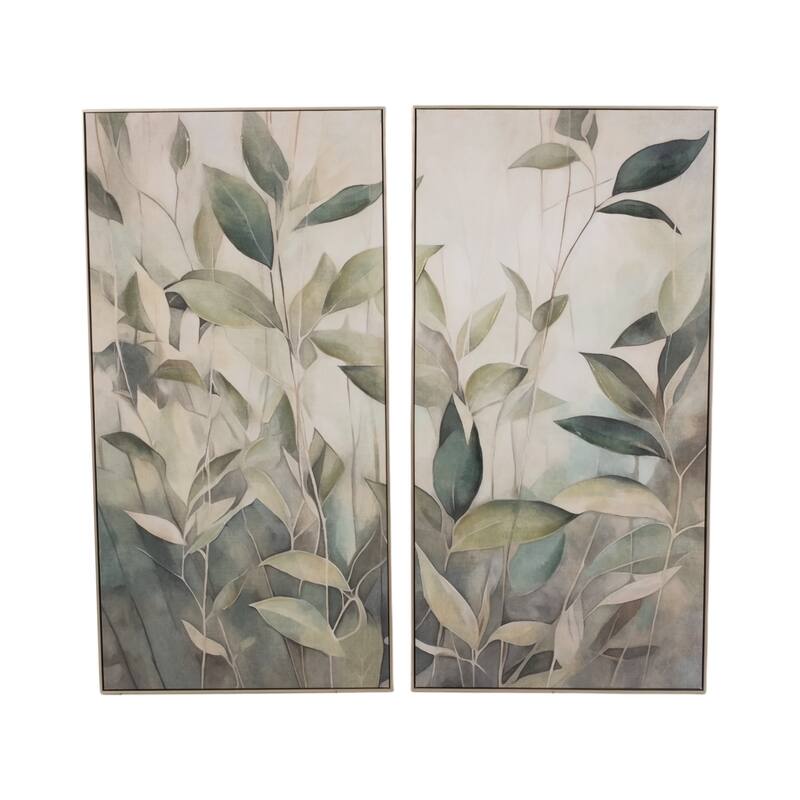 Wood Canvas Framed Art Modern Glam Leaf Design (Set of 2) - 50" Tan