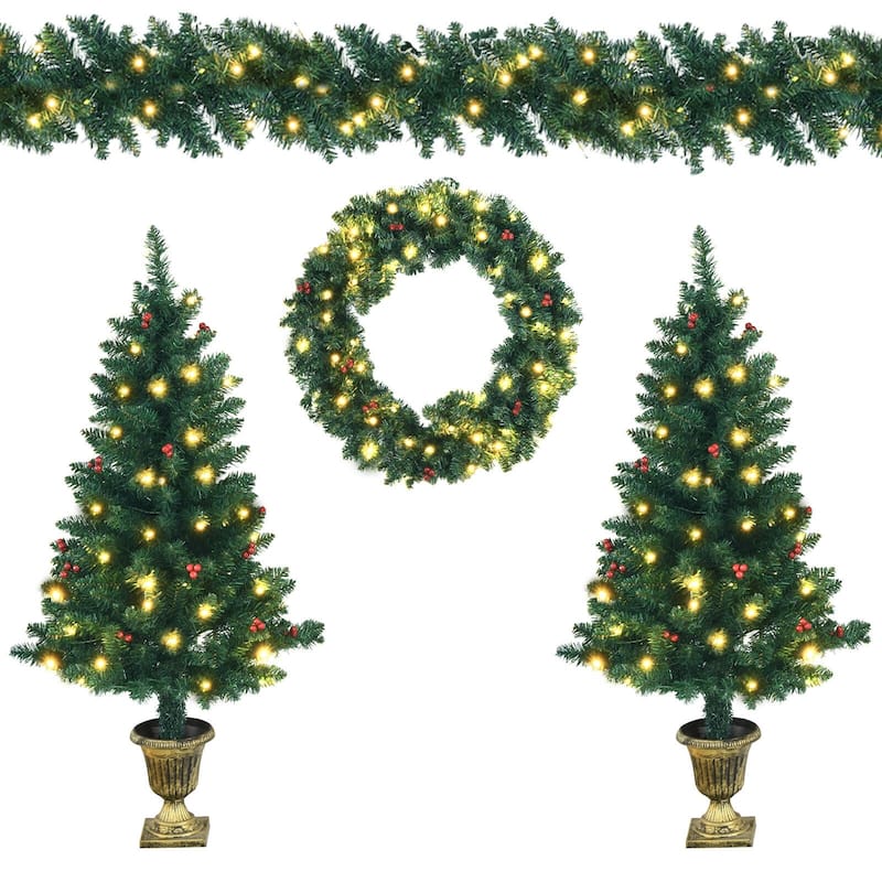 4 Feet Artificial Christmas Tree with LED Lights, Matching Wreath and Garland for Home Decor - 4 ft