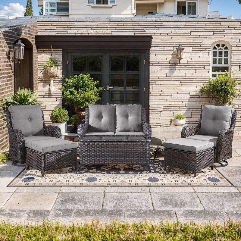 Pocassy Outdoor 6 Pieces 2-Seat Sofa Swivel Chairs Table Ottoman - Gray cushion - Brown Wicker