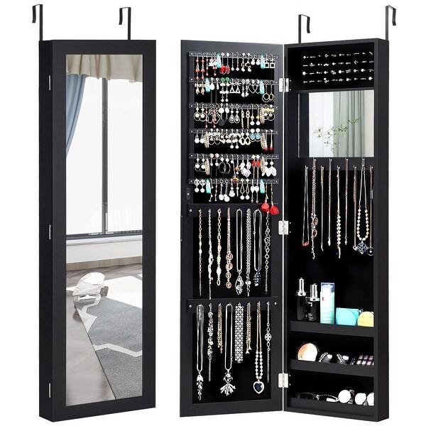 Costway Wall Door Mounted Mirrored Jewelry Cabinet Storage Organizer Black