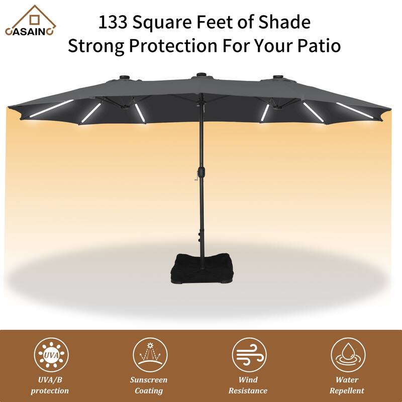 15 ft. Crank Double-sided Solar LED Ultra Lighted Outdoor Market Umbrella with Base Included