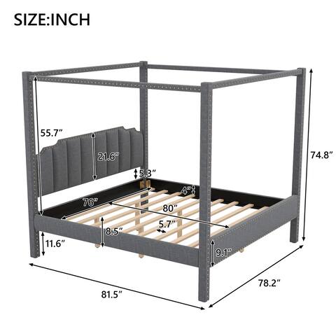 King Size Upholstery Canopy Platform Bed with Headboard