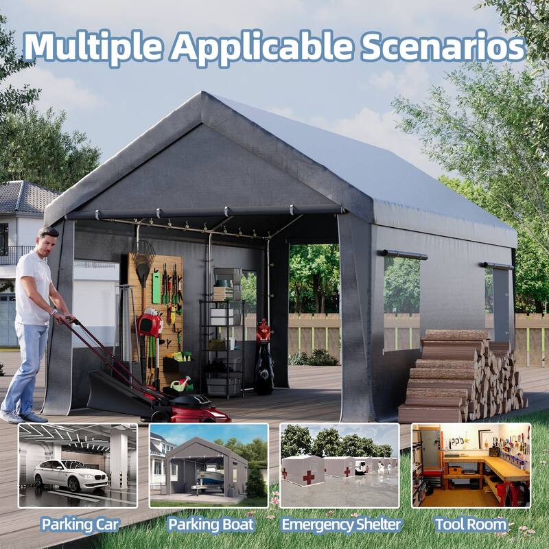 Heavy Duty Enclosed Carport Shelter, Waterproof UV-Resistant Canopy with Steel Frame & Roll-Up Windows