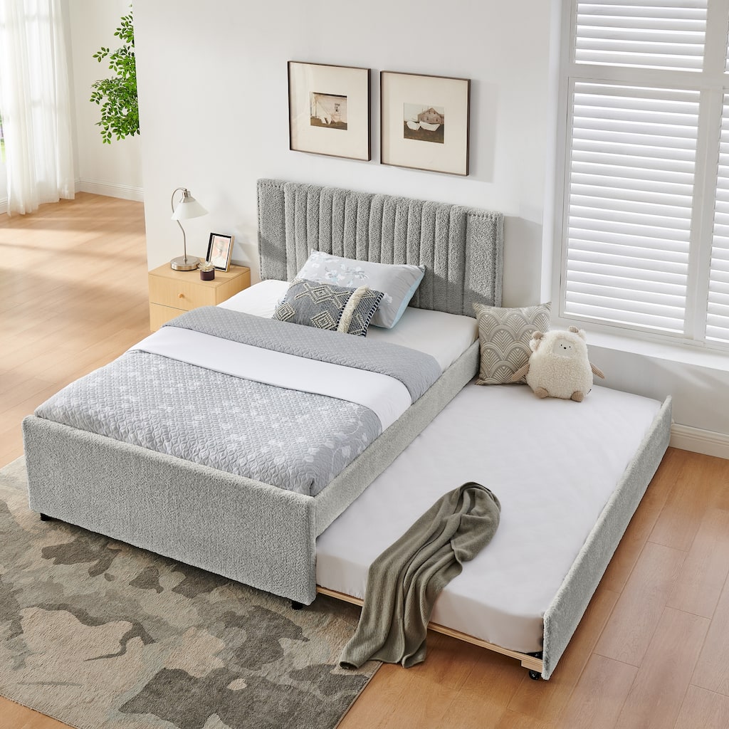 Roomfitters Full/Queen Size Upholstered Bed Frame with Pull Out Trundle and Two Storage Drawers Channel Tufted Foundation