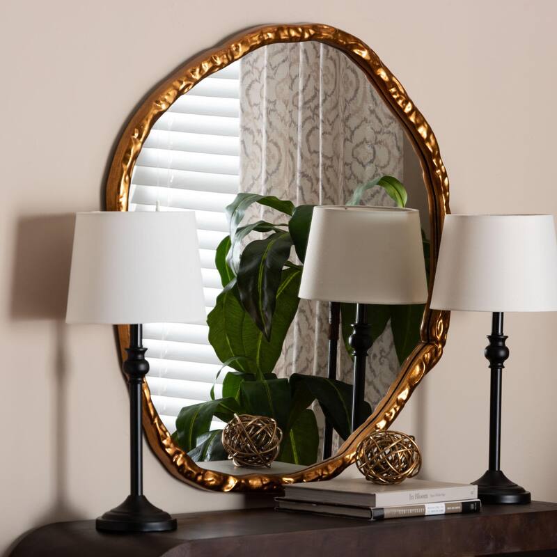 Urania Wall Mirror - Irregular Shape Accent Mirror with Antique Goldleaf Frame, Modern Glam Accent for Living Room, Decor