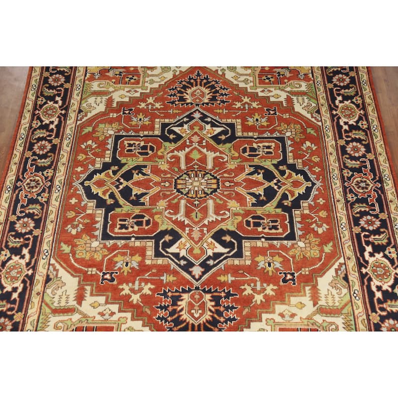 Geometric Medallion Heriz Serapi Indian Rug Hand-Knotted Wool Carpet - 8'10" x 12'0"